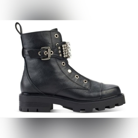 Karl Lagerfeld Paris Women's Maeva Combat Boot Crystal Embellished Buckles 7.5 - Picture 2 of 8